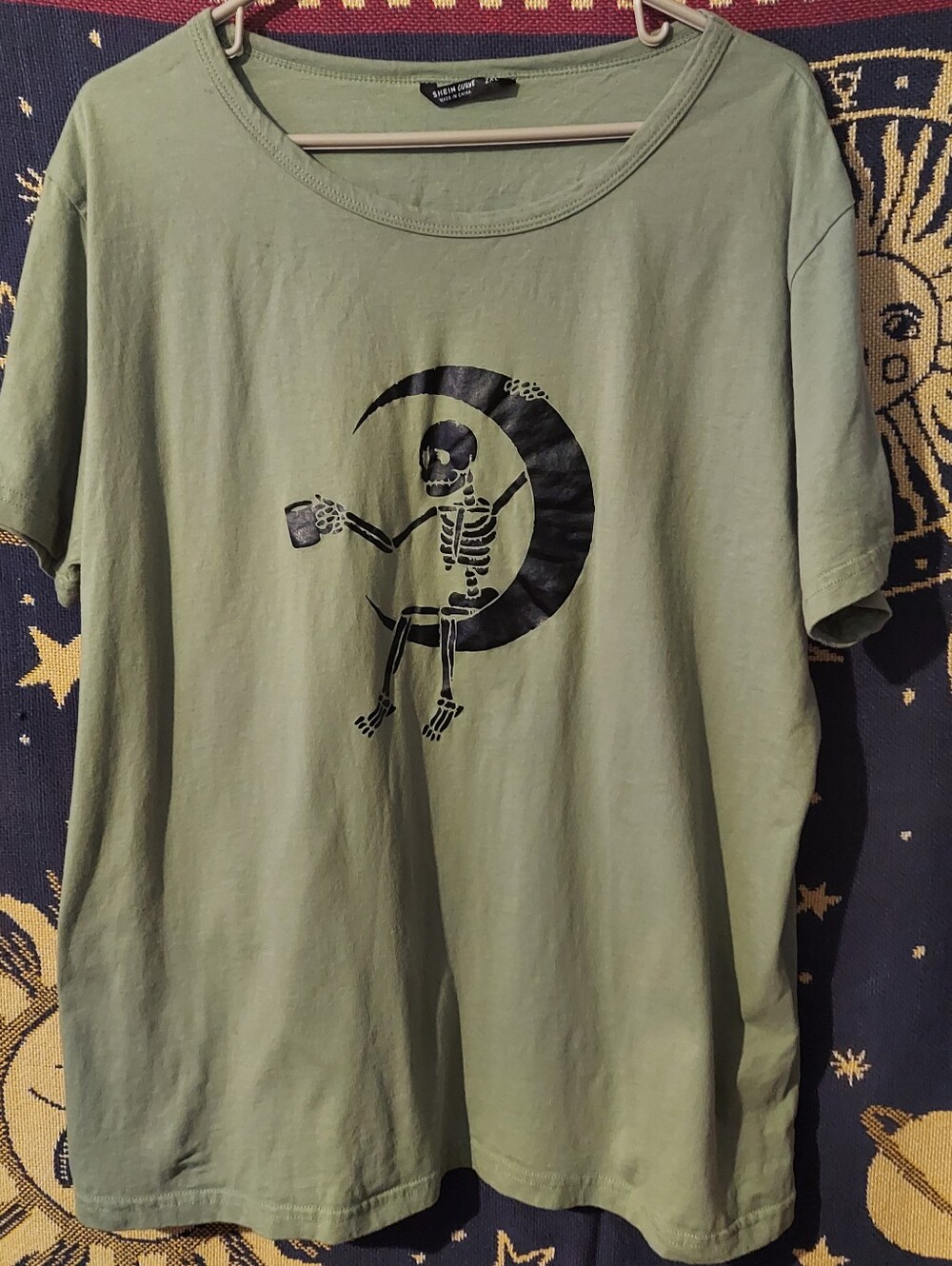 Skeleton on Crescent Moon Graphic Tee - Black on Army Green